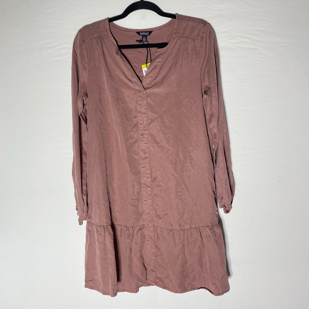 Buffalo David Bitton Pink Lyocell Long Sleeve Dress W Ruffle Hem S NWT